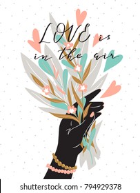 Woman hand isolated on the polka dots background with flowers. Valentine's Day card. Cute vector illustration in hand drawn style.