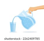 Woman hand with jug fills a glass with drinking water. Freshness, thirst, diet vector illustration.