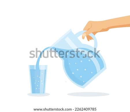 Woman hand with jug fills a glass with drinking water. Freshness, thirst, diet vector illustration. Foto stock © 