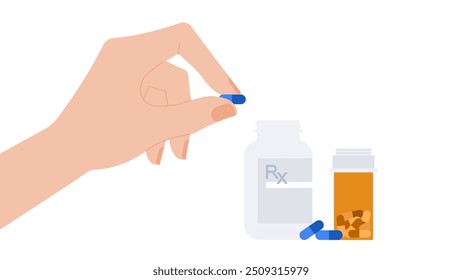 Die Hand der Frau hält eine blaue Pille. Tablette, verschreibungspflichtige Pillen in orangefarbener Plastikflasche. Medizin und Gesundheitswesen. Behandlung, Apotheke, Rezept. Einzeln flache Vektorgrafik, immer noch l