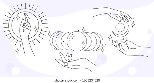 Woman hand line art collection. Delicate hand positions, gestures in minimalist style. Elegant hands with moon, stars and sun, esoteric elements for logos, bages and pre made scenes. 