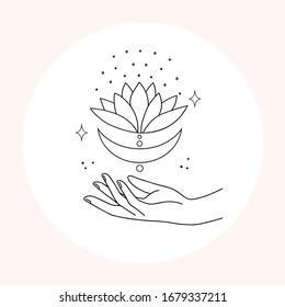 Woman hand line art. Delicate hand position, gestures in minimalist style. Elegant hand with moon, stars and sun, esoteric elements for logos, bages and pre made scenes. 