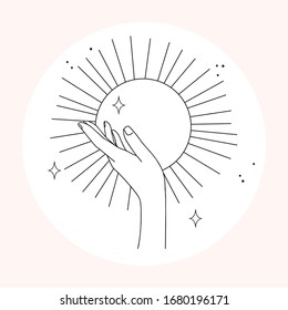 Woman hand line art. Delicate hand position, gestures in minimalist style. Elegant hand with moon, stars and sun, esoteric elements for logos, bages and pre made scenes. 