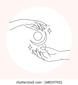 Woman hand line art. Delicate hand position, gestures in minimalist style. Elegant hands with moon, stars and sun, esoteric elements for logos, bages and pre made scenes. 