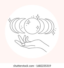 Woman hand line art. Delicate hand position, gestures in minimalist style. Elegant hand with moon, stars and sun, esoteric elements for logos, bages and pre made scenes. 