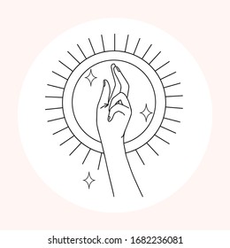 Woman hand line art. Delicate hand position, gestures in minimalist style. Elegant hand with moon, stars and sun, esoteric elements for logos, bages and pre made scenes. 