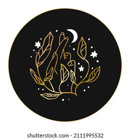 logo de la mano de mujer. Icono de oro mágico celestial. Arte místico mágico con estrellas y luna