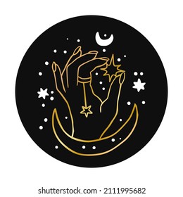 woman hand logo. Celestial magic golden icon. Magic mystic art with star and moon