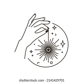 Woman hand logo with star, moon, sun in simple line flat boho style isolated on white background. Abstract minimal female symbol for beauty design. Magic astrology modern illustration.