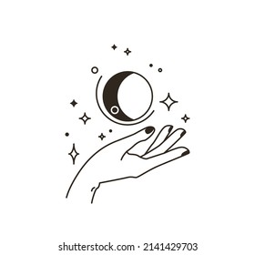 Woman hand logo with star, moon, sun in simple line flat boho style isolated on white background. Abstract minimal female symbol for beauty design. Magic astrology modern illustration.