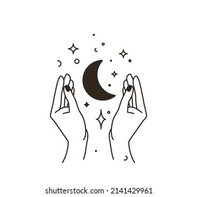 Woman hand logo with star, moon, sun in simple line flat boho style isolated on white background. Abstract minimal female symbol for beauty design. Magic astrology modern illustration.