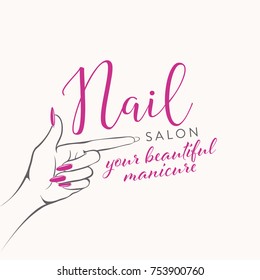 Woman hand with long nails and beautiful pink nail polish manicure.Vector illustration.