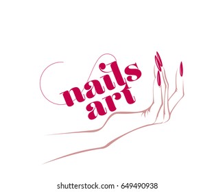 Woman Hand With Long Nails And Red Nail Polish.Nails Art Vector Icon.