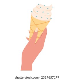 Woman hand with a manicure holding a cone of creamy ice cream with sprinkles. Vector flat isolated dessert sweetness.