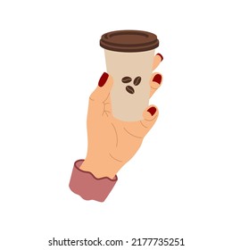 Woman hand with manicure holds a disposable cup of coffee with plastic cap. Morning hot drink. Hand drawn colored vector illustration isolated on white background. Modern flat cartoon style.