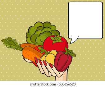 Woman hand with many vegetables. Vector illustration