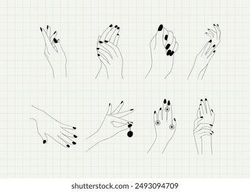 Woman hand nail art. Hand line art.
Female manicured hand trendy set. 