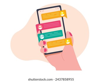 Woman hand with nail polish holding smartphone, communicating sending message. Character design. Vector flat illustration