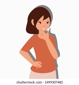 Woman hand on hips thinking and smiling on white background. Vector illustration for website.