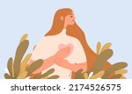 Woman with hand on kind heart, feeling self love, bliss, harmony, positive emotion. Happy calm peaceful girl volunteer. Care, humanity, selfhelp and peace concept. Colored flat vector illustration