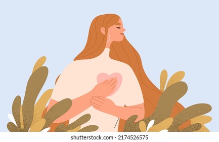 Woman with hand on kind heart, feeling self love, bliss, harmony, positive emotion. Happy calm peaceful girl volunteer. Care, humanity, selfhelp and peace concept. Colored flat vector illustration - Shutterstock ID 2174526575
