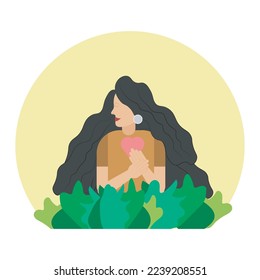 Woman with hand on kind heart, feeling self love. Colored flat vector illustration