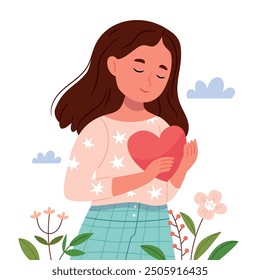 Mujer con la mano en el corazón amable, sentimiento. Sentir amor propio, felicidad, armonía, emoción positiva. Cuidado, humanidad, autoayuda y concepto de paz.