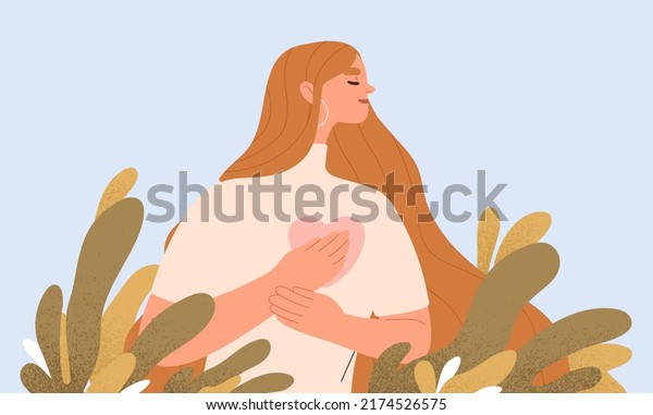 Woman with hand on kind heart, feeling self\
love, bliss, harmony, positive emotion. Happy calm peaceful girl\
volunteer. Care, humanity, selfhelp and peace concept. Colored flat\
vector illustration