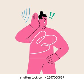 Woman with hand over ear listening and hearing to rumor or gossip. Colorful vector illustration
