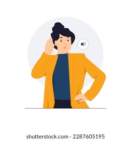 Woman with hand over ear listening an hearing to rumor or gossip, difficult to understand quiet talk, Deafness concept illustration