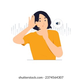 Mujer con la mano sobre la oreja escuchando, escuchando rumores, chismes, descuentos. Difícil de entender la voz, la charla silenciosa, la ilustración del concepto de sordera