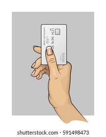 Woman Hand painted & Credit card. Carrying out payment. Hand holding a bank card. Banking icon. Arm & Plastic card. Wrist keeps Debit card chip. Electronic funds transfer. Electronic money investments