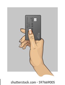 Woman Hand painted & Credit card. Carrying out payment. Hand holding a bank card. Banking icon. Arm & Plastic card. Wrist keeps Debit card chip. Electronic funds transfer. Electronic money investments