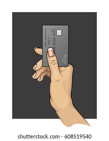Woman Hand painted & Credit card. Carrying out payment. Hand holding a bank card. Banking icon. Arm & Plastic card. Wrist keeps Debit card chip. Electronic funds transfer. Electronic money investments