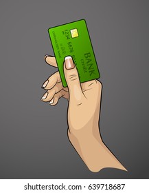 Woman Hand painted & Credit card. Carrying out payment. Hand holding a bank card. Banking icon. Arm & Plastic card. Wrist keeps Debit card chip. Electronic funds transfer. Electronic money investments