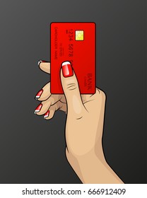 Woman Hand painted & Credit card. Carrying out payment. Hand holding a bank card. Banking icon. Arm & Plastic card. Wrist keeps Debit card chip. Electronic funds transfer. Electronic money investments