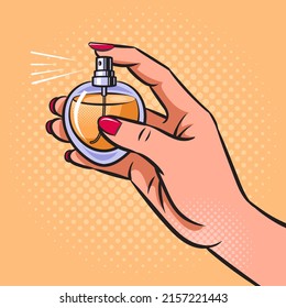 Woman hand with perfume bottle pop art retro vector illustration. Comic book style imitation.