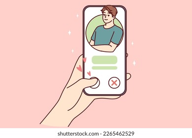 Woman hand with phone while using dating app or looking for couple for serious romantic relationship. Girl puts like man in mobile application of social network I wish to meet and go on date 