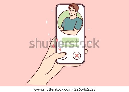 Woman hand with phone while using dating app or looking for couple for serious romantic relationship. Girl puts like man in mobile application of social network I wish to meet and go on date 