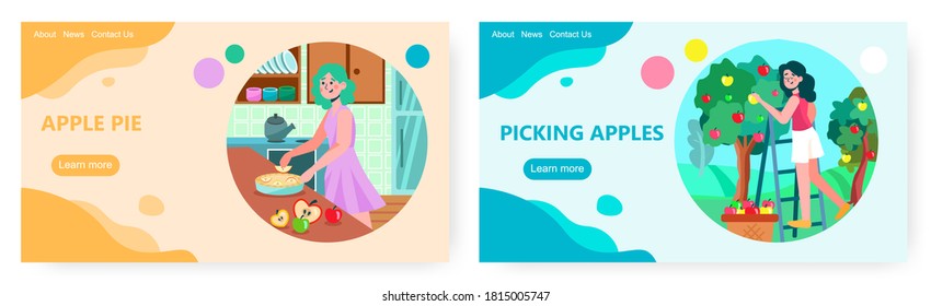 Woman hand picking apples from a garden tree. Woman cook apple pie in home kitchen. Concept illustration. Vector web site design template