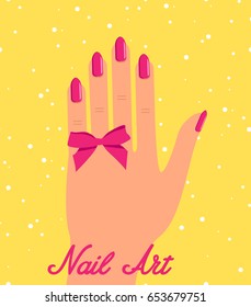 Woman hand with pink fingernails and pink bow on black background with sparkles. Gift certificate for nail salon