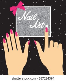 Woman hand with pink fingernails on silver background. Gift cert