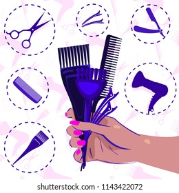Woman hand with pink manicure nails, holding scissors, comb, brush, hairdressing concept with barber tools, barbershop set, icons symbols set, pattern background. Vector illustration.