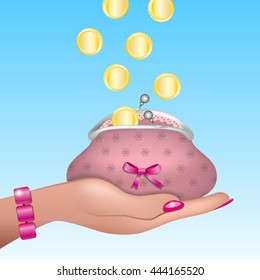 Woman hand with pink nails and bracelet holding cute retro purse with pink bow. Gold coins raining into the purse. Vector EPS10 realistic illustration.
