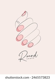 Woman hand with pink round nails drawing in linear style on beige background