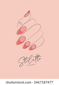 Woman hand with pink stiletto shape nails drawing in linear style on peach background