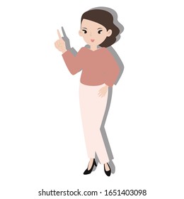 woman with hand point up concept on white background. creative idea design. Flat vector illustration for template, brochure or presentation.