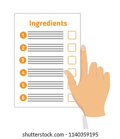 Woman hand with pointing finger. Ingredients checklist. Hand illustration.