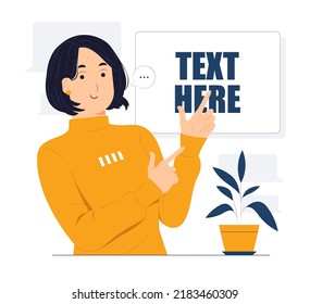 Woman hand pointing finger at left up corner with happy expression and advices use this copy space wisely concept illustration