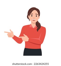 Woman hand pointing finger at left up corner with happy expression and advices use this copy space wisely. Flat vector illustration isolated on white background